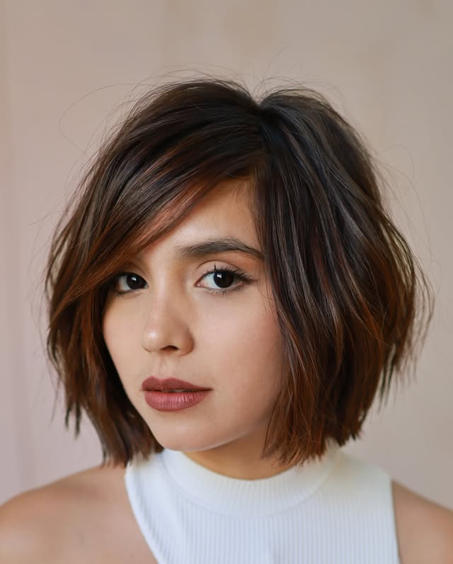 Textured Blunt Bob with Rich Chocolate Highlights