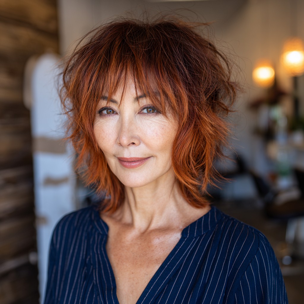 Textured Shaggy Cut with Bold Copper Highlights