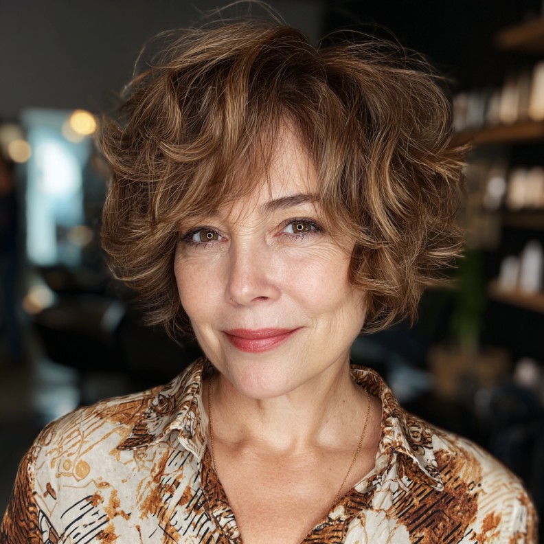 Beautifully Textured Curly Pixie Bob with Warm Highlights