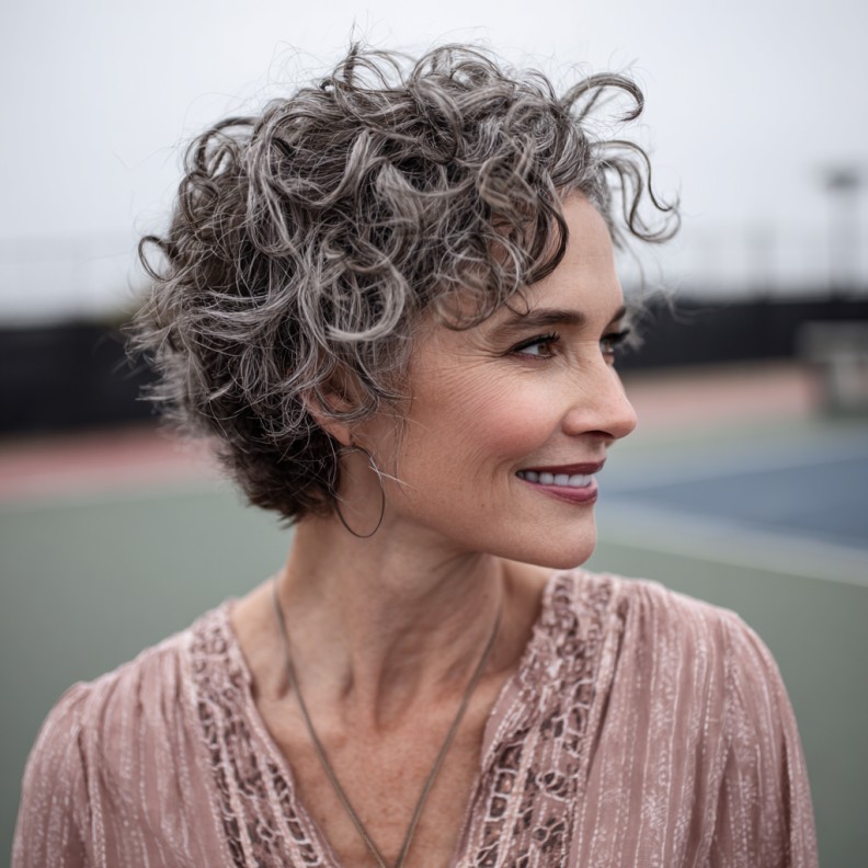Chic Curly Pixie Bob with Natural Gray Highlights