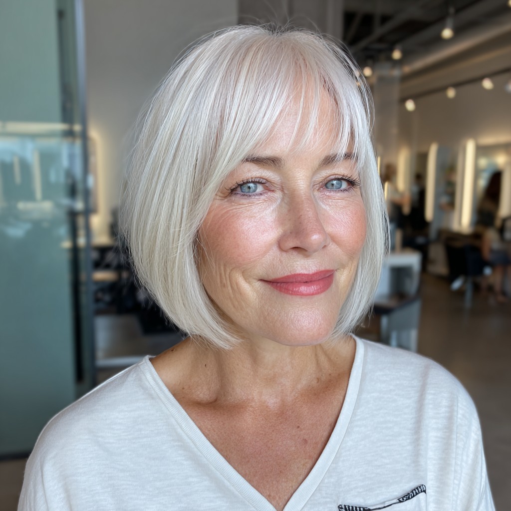 Elegant Icy Blonde Bob with Soft Fringe