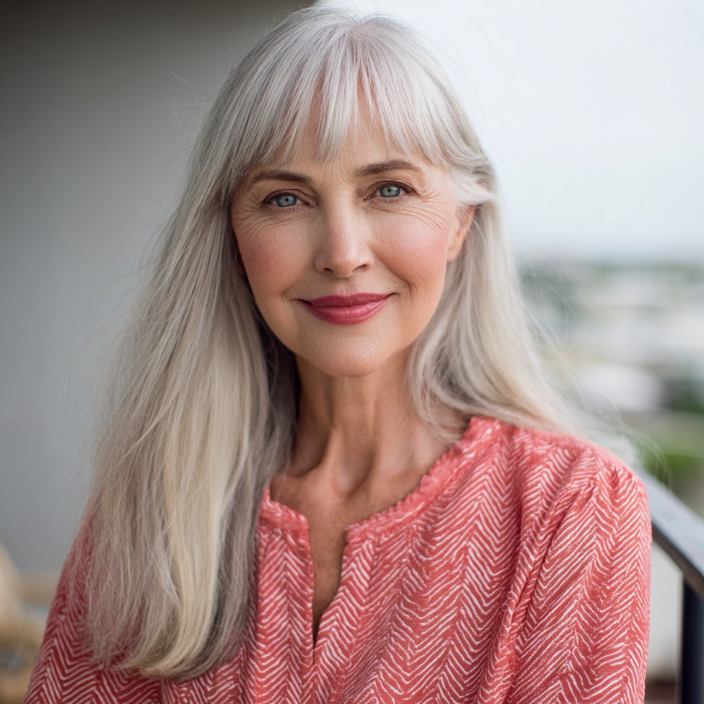 Elegant Icy Blonde Long Layers with Subtle Fringe