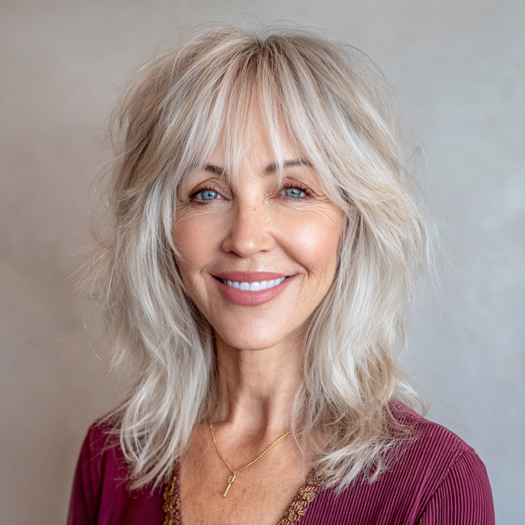 Soft Icy Blonde Shag with Face-Framing Layers