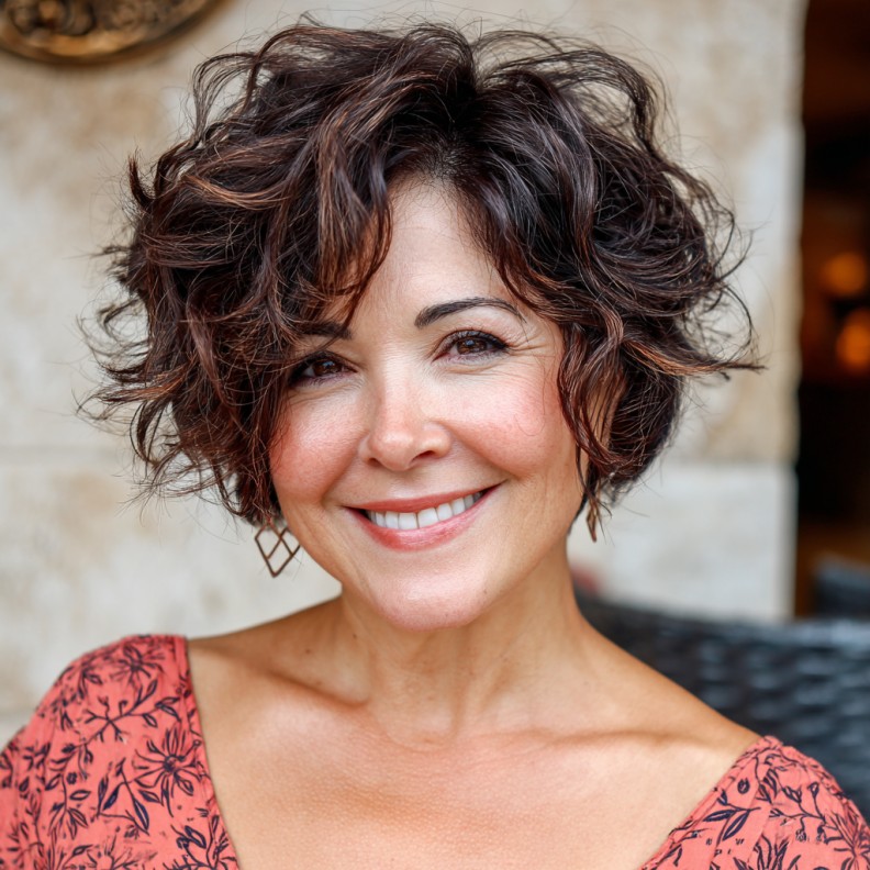 Textured Curly Pixie Bob with Rich Chocolate Highlights