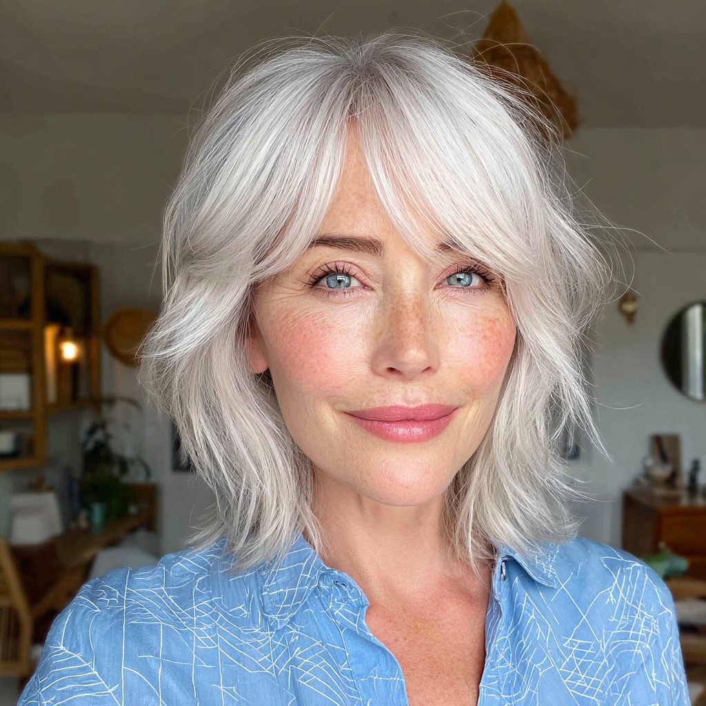 Textured Icy Blonde Shag with Soft Fringe