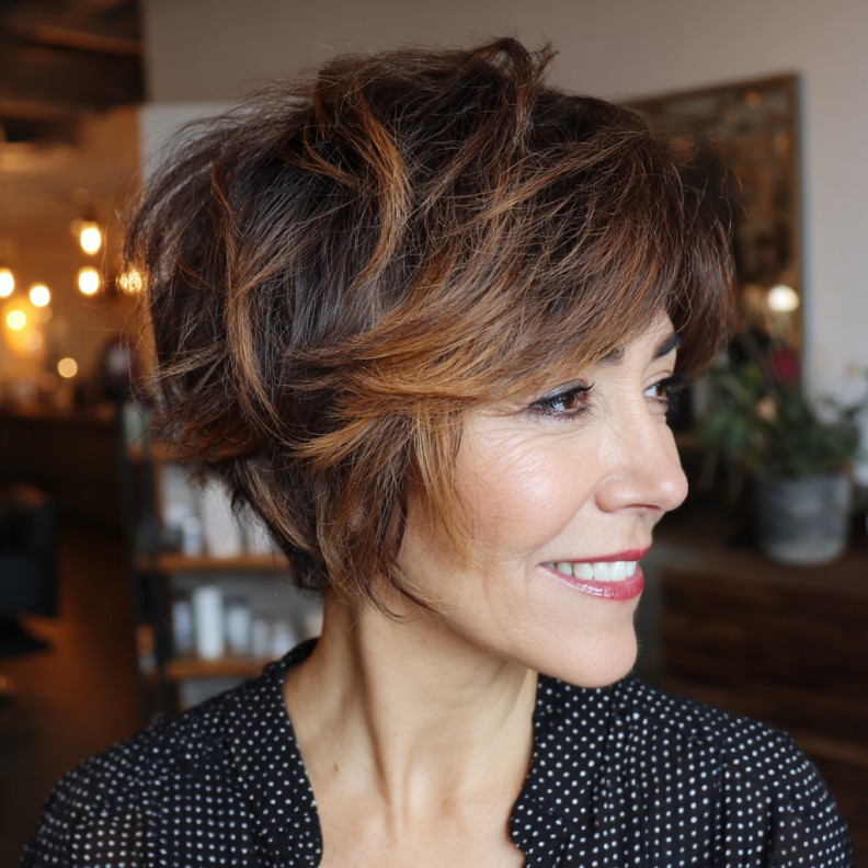 Textured Layered Pixie Bob with Warm Caramel Highlights