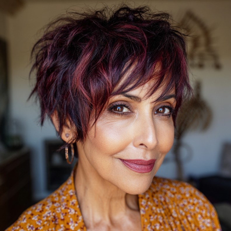 Textured Pixie Bob with Bold Burgundy Highlights