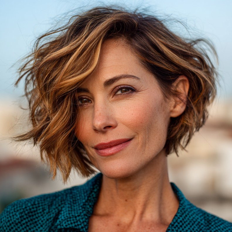 Textured Wavy Pixie Bob with Caramel Highlights