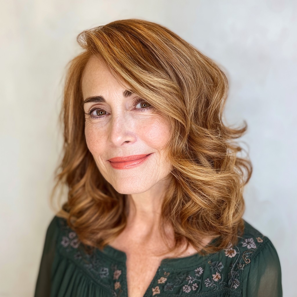 Warm Auburn Shoulder-Length Waves with Soft Side Bangs