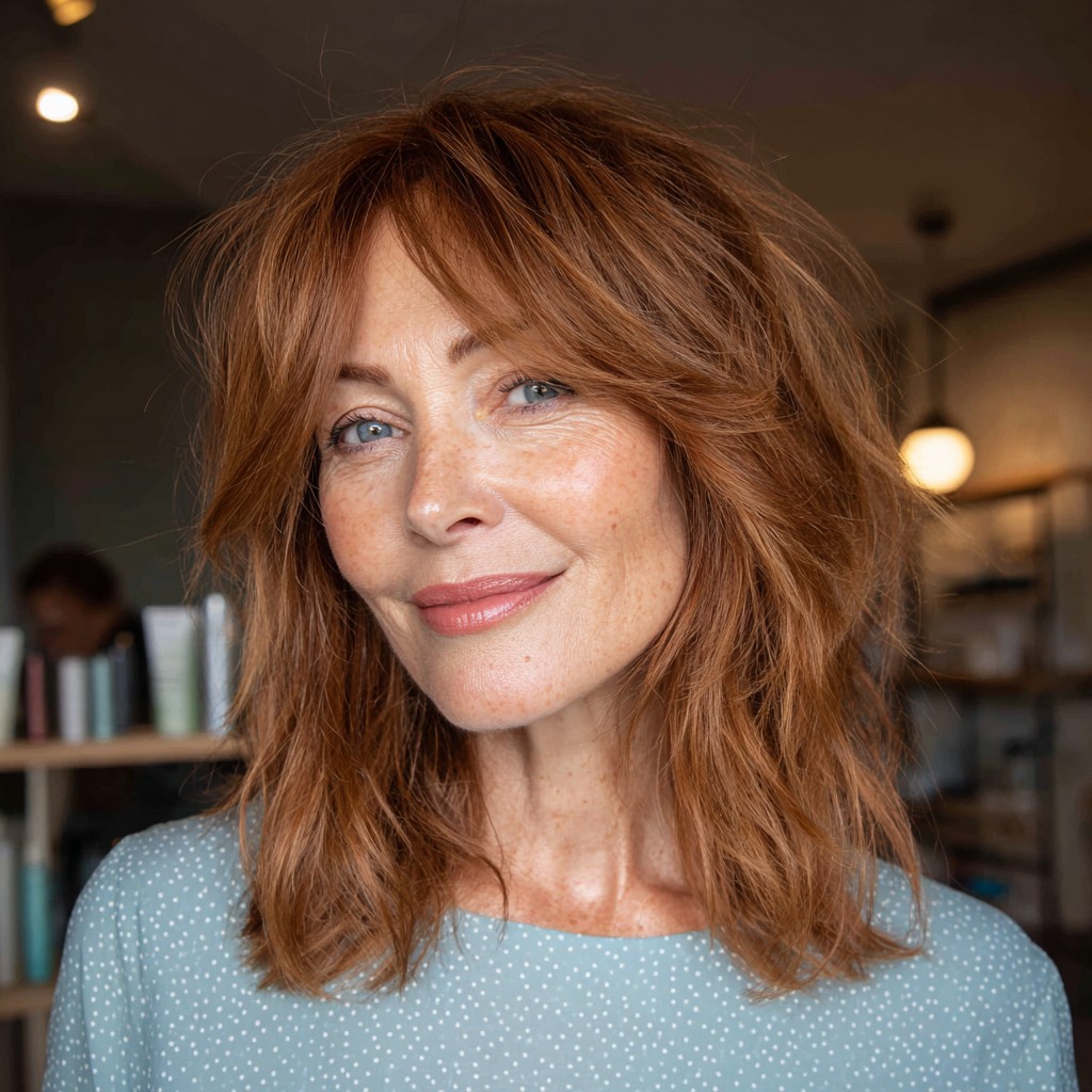 Textured Copper Lob with Feminine Bangs