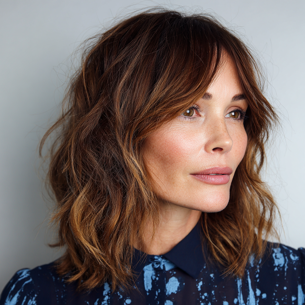 Textured Mid-Length Cut with Soft Middle Part Bangs