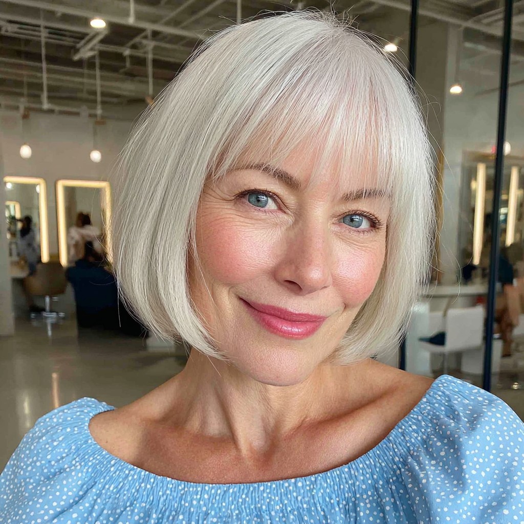 Bright Silver Blunt Bob with Soft Fringe