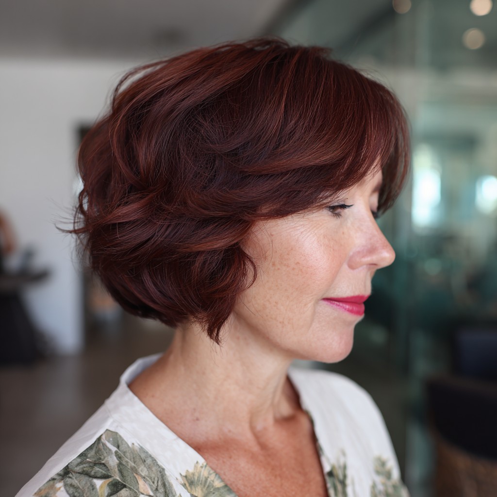 Chic Curly Lob with Rich Auburn Highlights