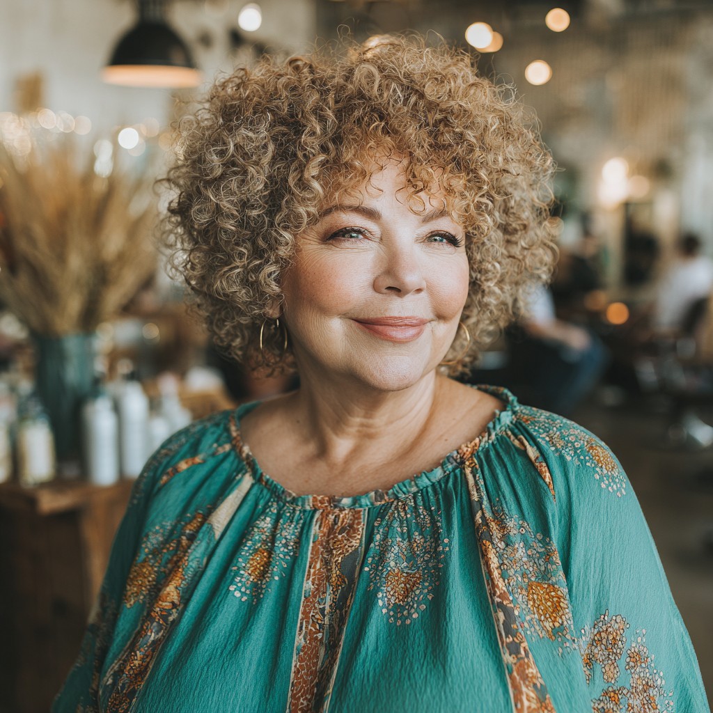 Chic Curly Mid-Length Cut with Soft Baby Bangs