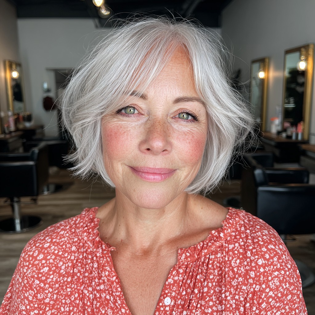 Chic Feathered Silver Bob with Face-Framing Layers