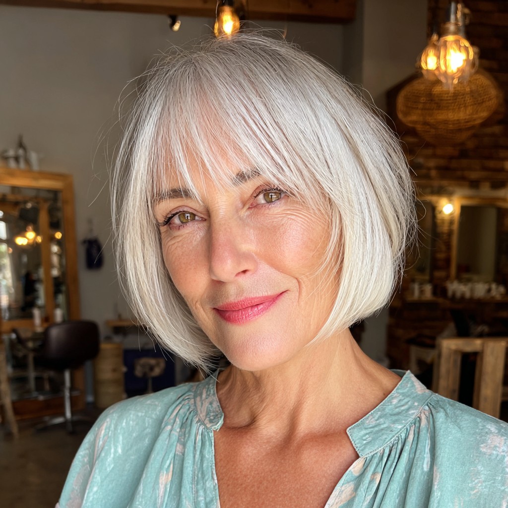 Chic Silver Blunt Bob with Feminine Bangs