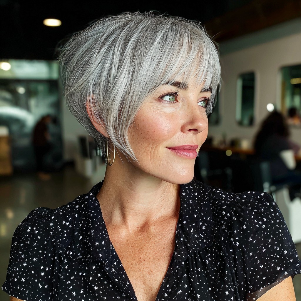 Chic Textured Silver Pixie Bob with Soft Bangs