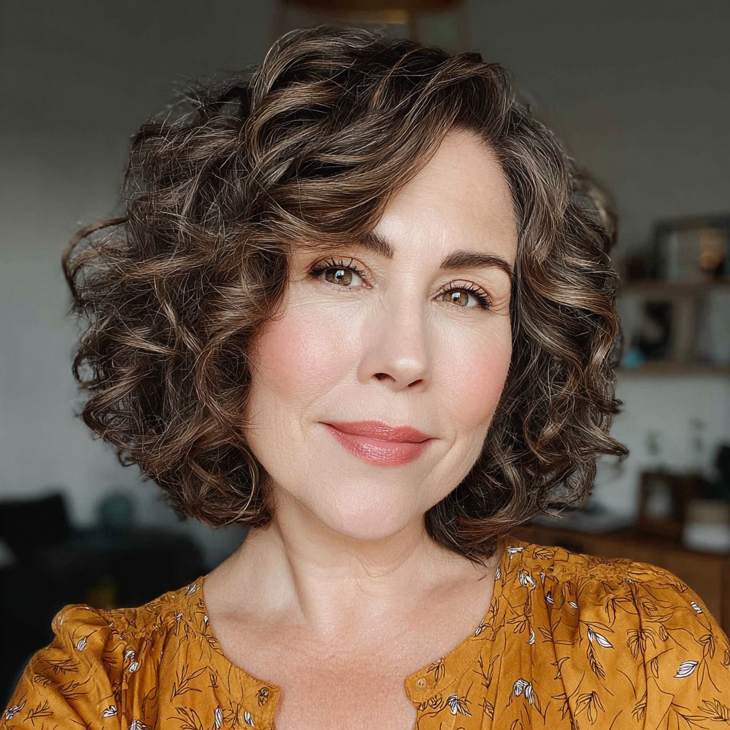 Chic Voluminous Curly Bob with Subtle Highlights