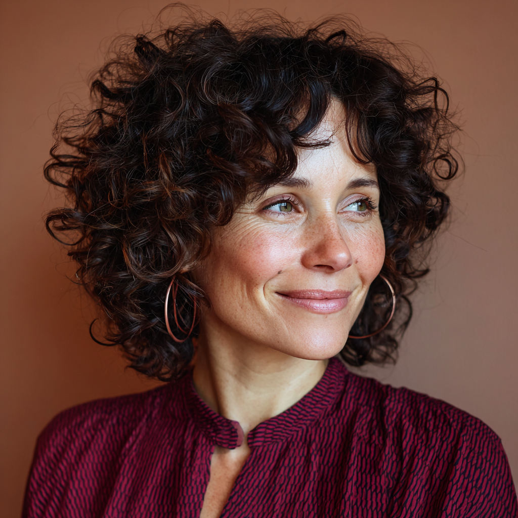 Curly Mid-Length Hair with Bold Middle Part Bangs