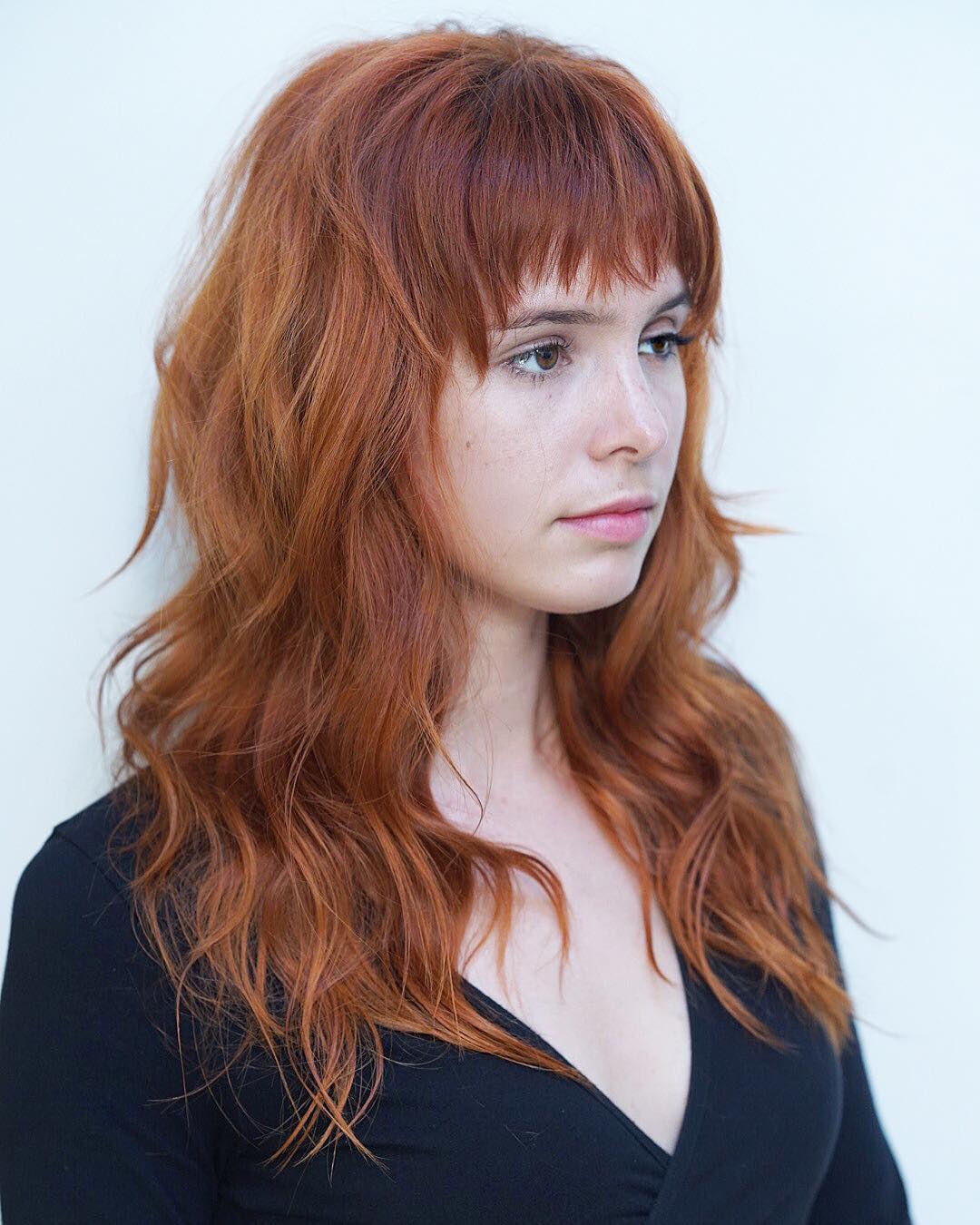 Dynamic Copper Wavy Shag with Micro Bangs