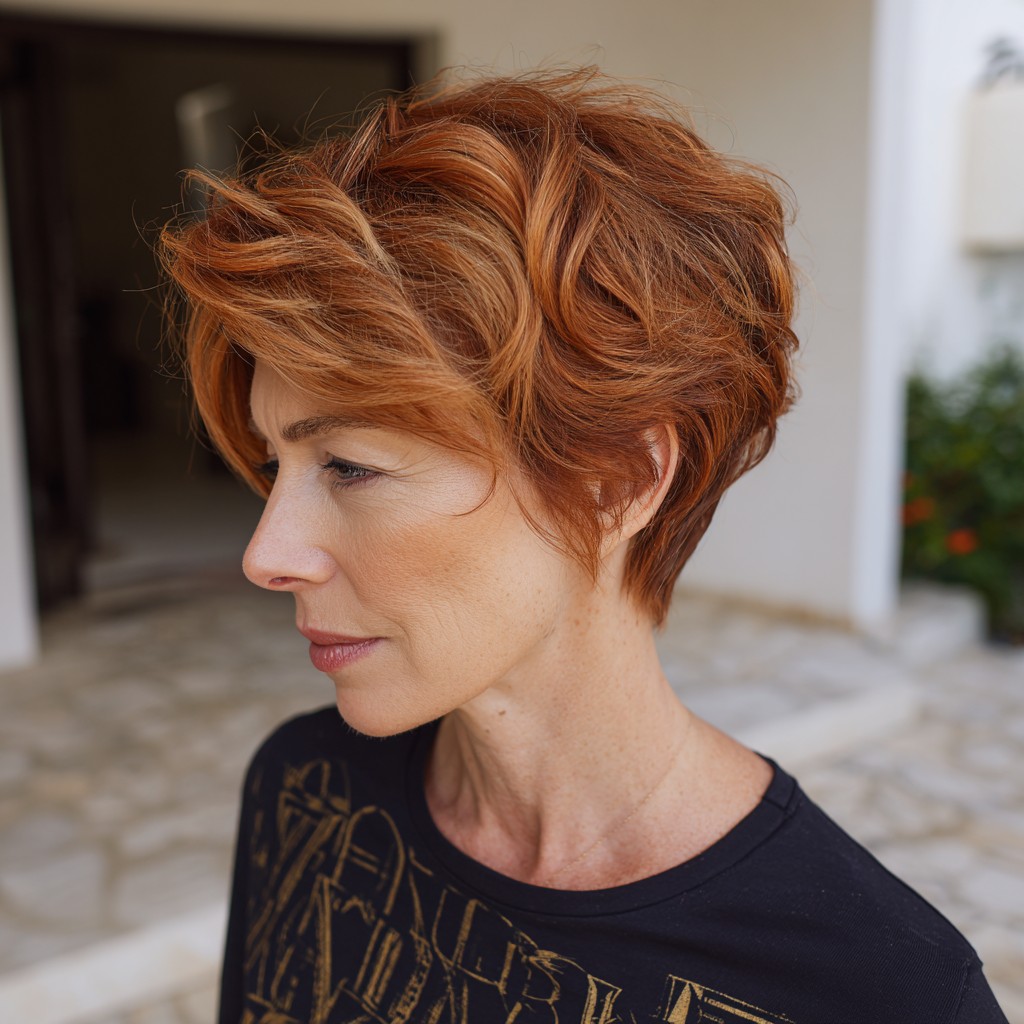 Dynamic Textured Pixie with Warm Copper Highlights