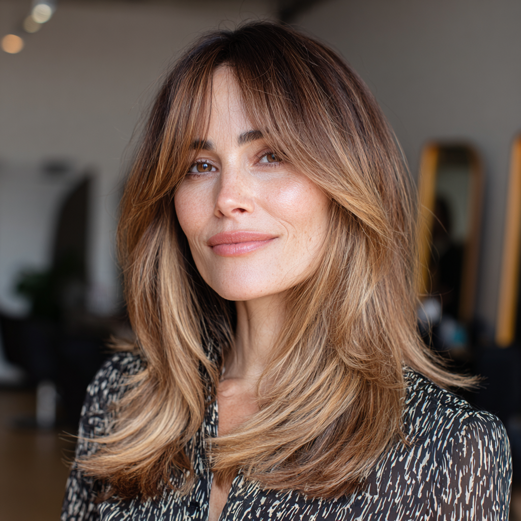 Effortlessly Layered Mid-Length Cut with Chic Middle Part Bangs