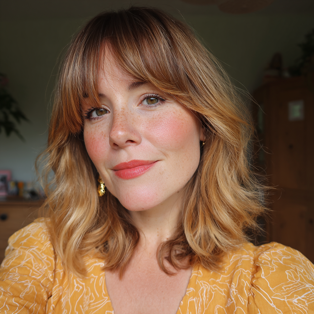 Effortlessly Textured Mid-Length Hair with Chic Middle Part Bangs