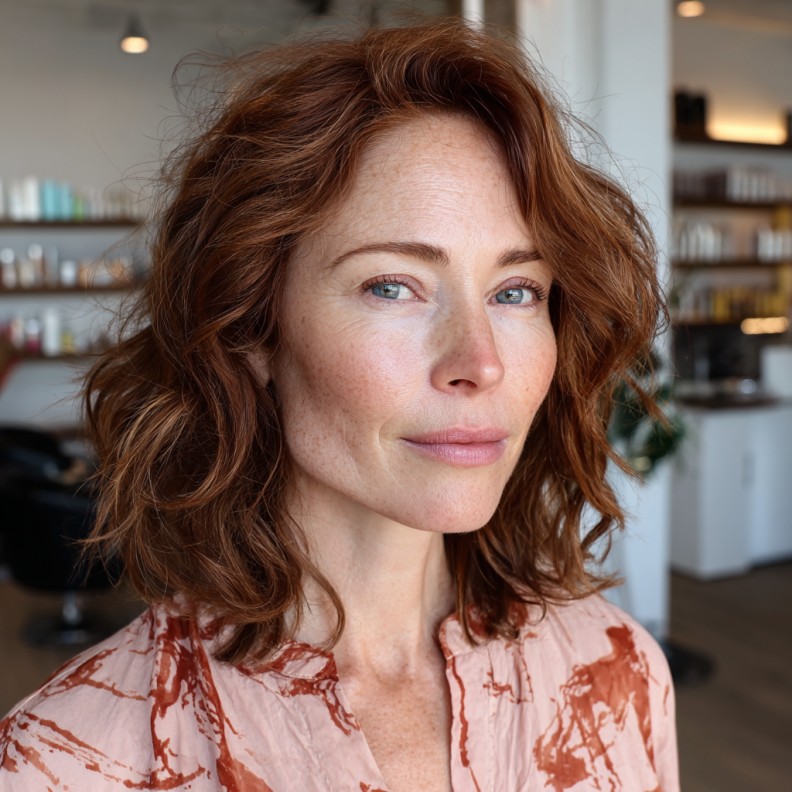 Effortlessly Tousled Shoulder-Length Waves with Subtle Highlights