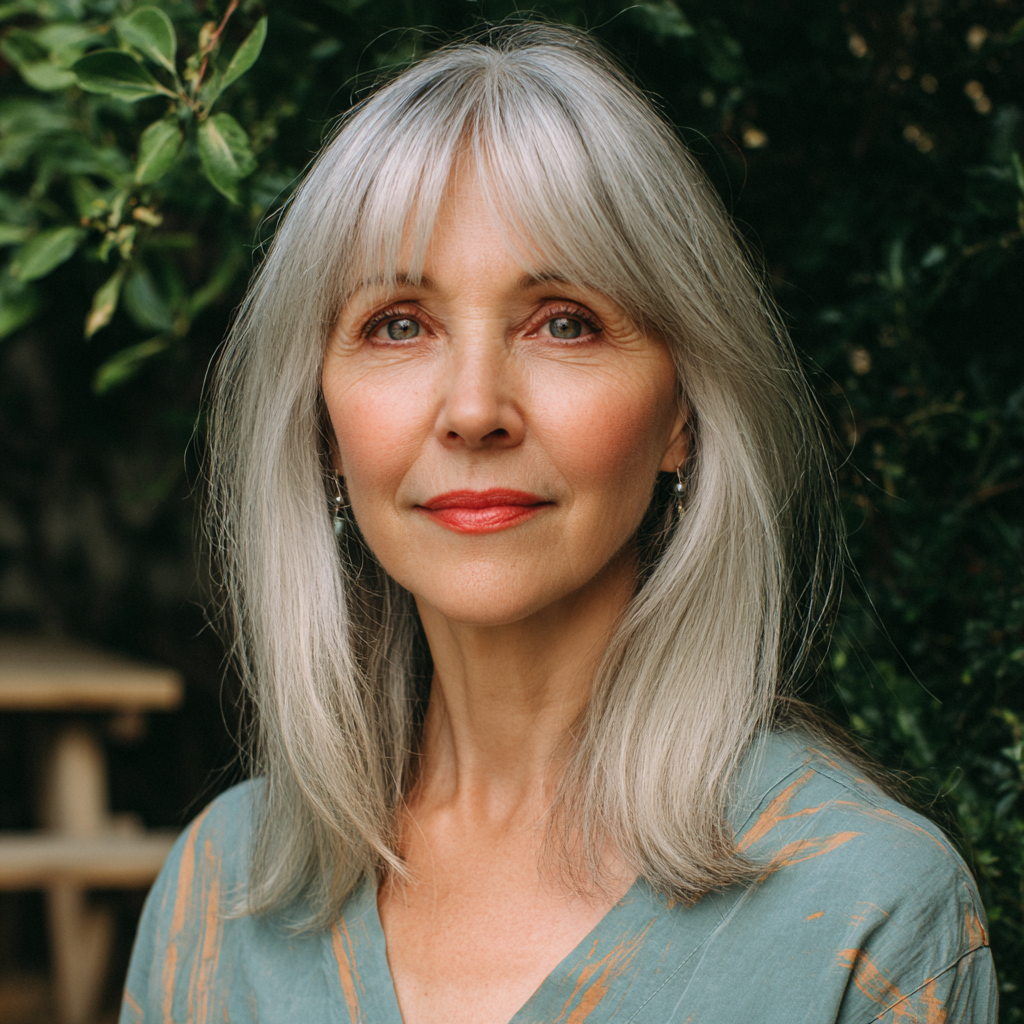 Elegant Layered Silver Haircut with Middle Part Bangs