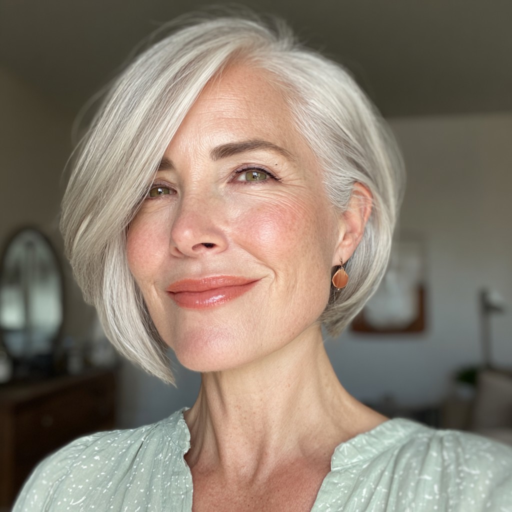 Elegant Silver Asymmetrical Bob with Soft Waves