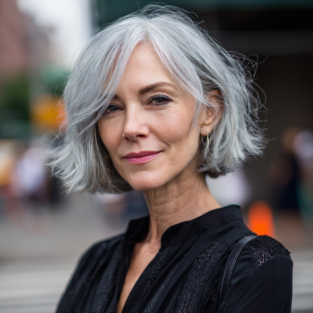 Elegant Silver Chin-Length Bob with Soft Layers