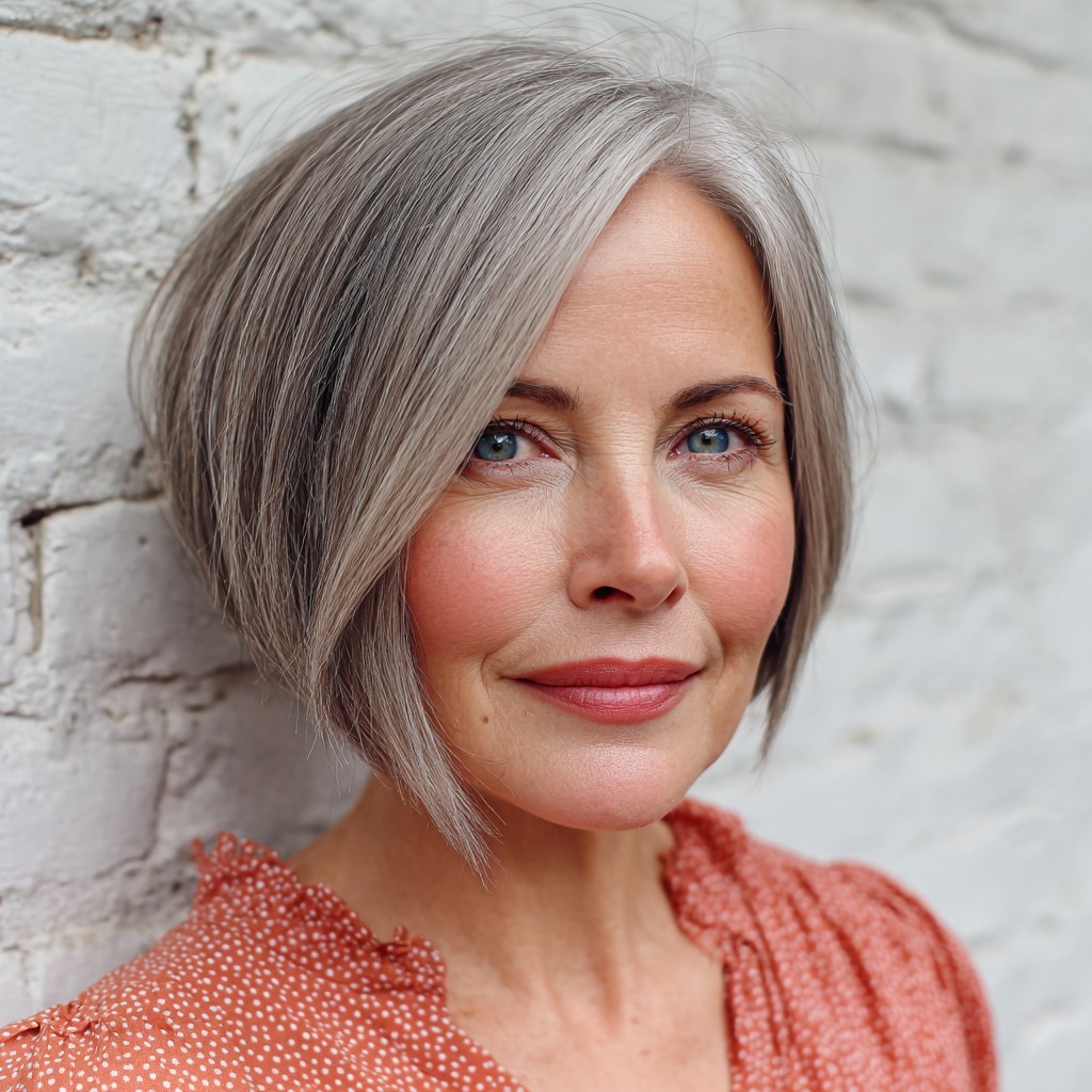 Modern Silver Angled Bob with Soft Layers