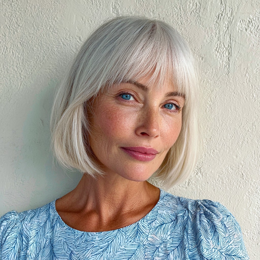 Modern Silver Blunt Bob with Feminine Bangs