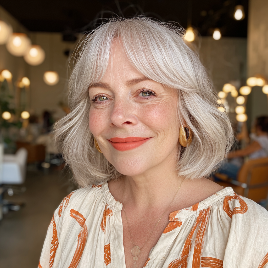 Modern Silver Bob with Middle Part Bangs