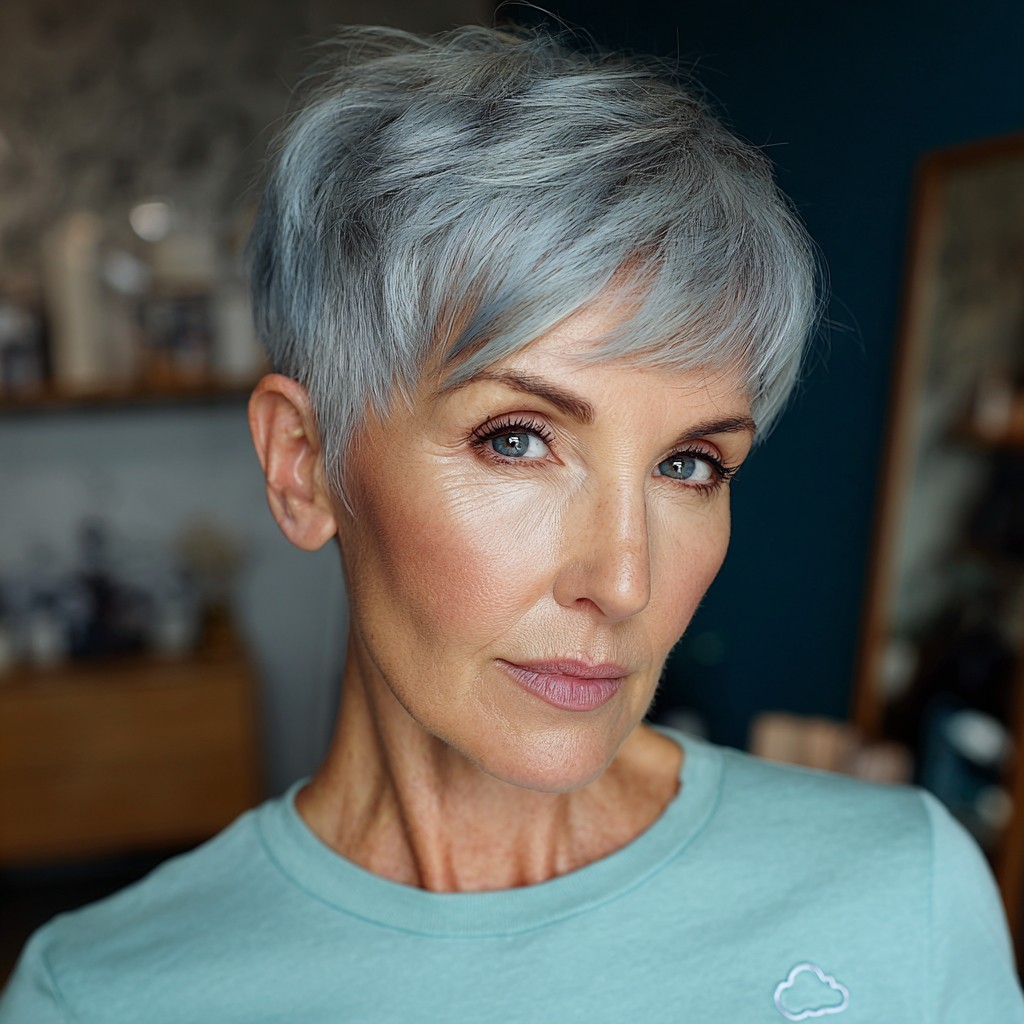 Modern Silver Pixie Cut with Feminine Bangs