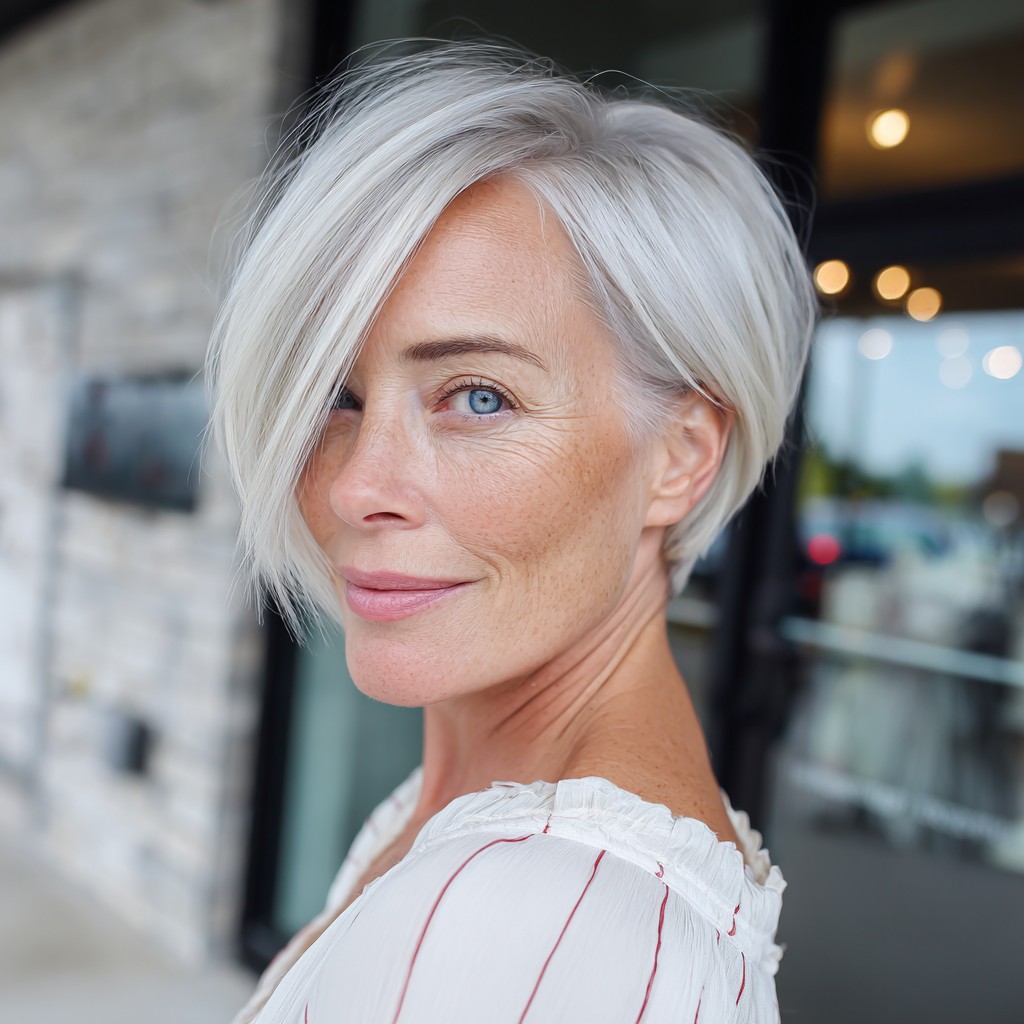 Sleek Platinum Pixie Bob with Long Side-Swept Bangs