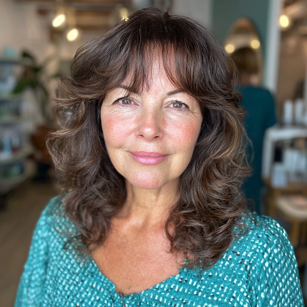 Soft Layered Curls with Feminine Bangs