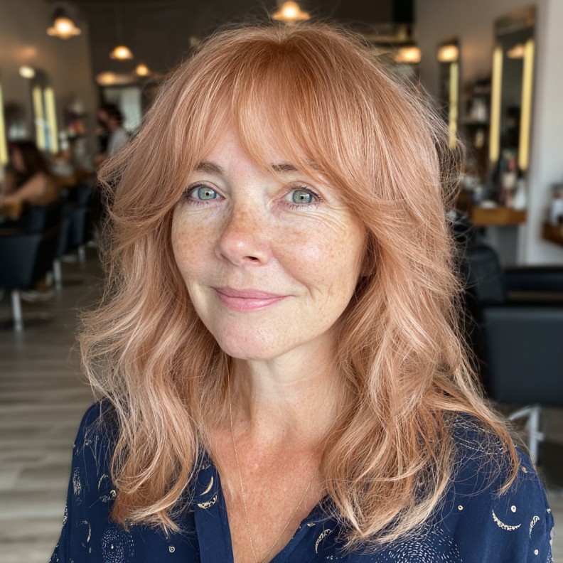 Soft Rose Gold Shag with Layered Waves