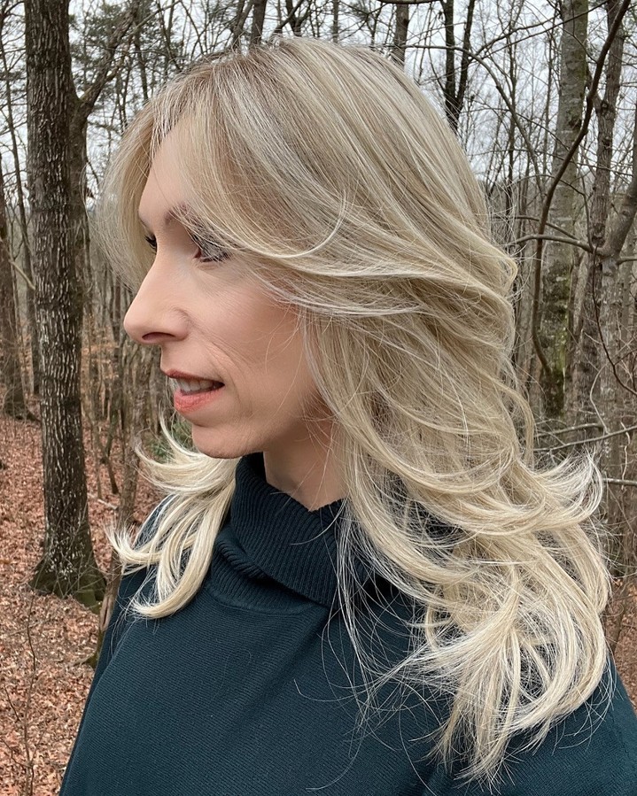 Softly Feathered Long Layers with Light Ash Blonde Highlights