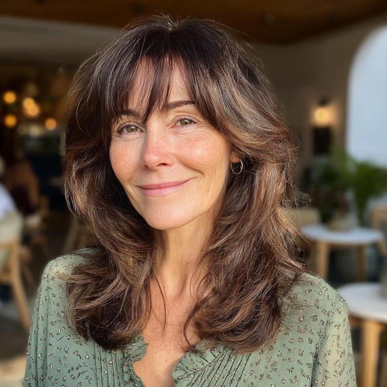 Softly Layered Mid-Length Cut with Wispy Bangs