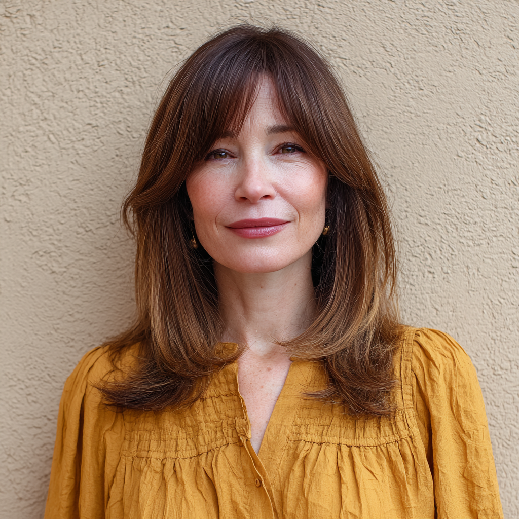 Softly Layered Mid-Length Hair with Middle Part Bangs