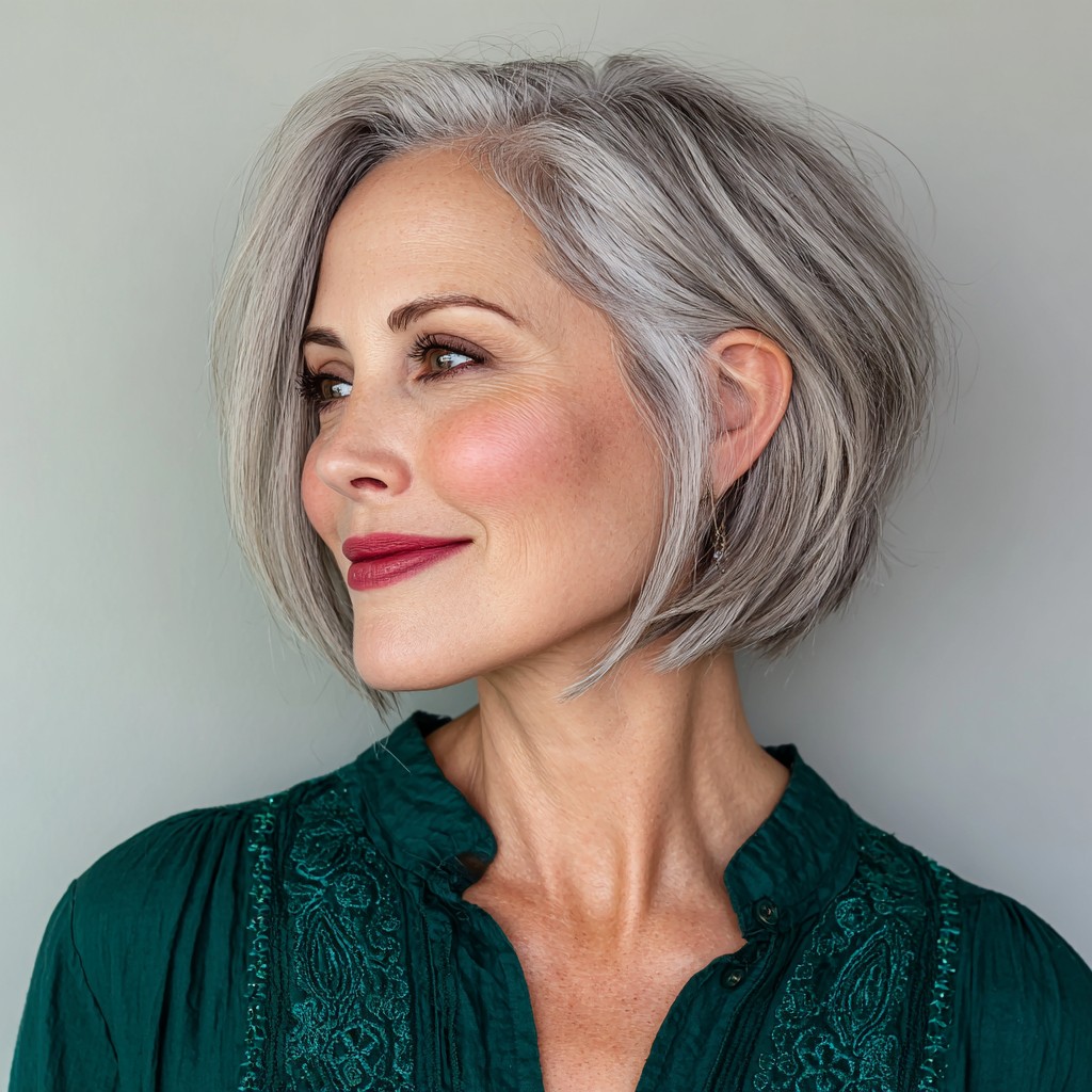 Softly Layered Silver Bob with Subtle Textures