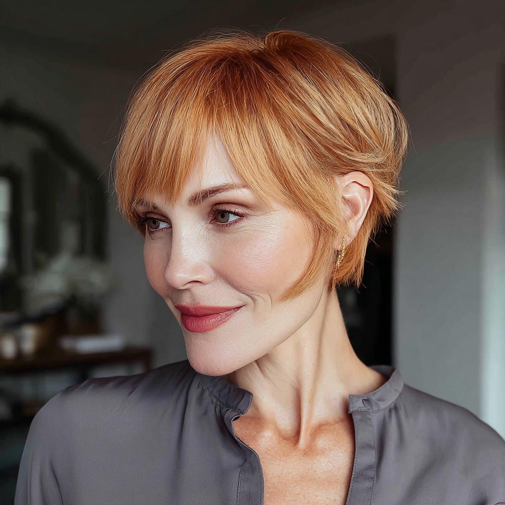 Textured Copper Pixie Bob with Soft Side-Swept Bangs