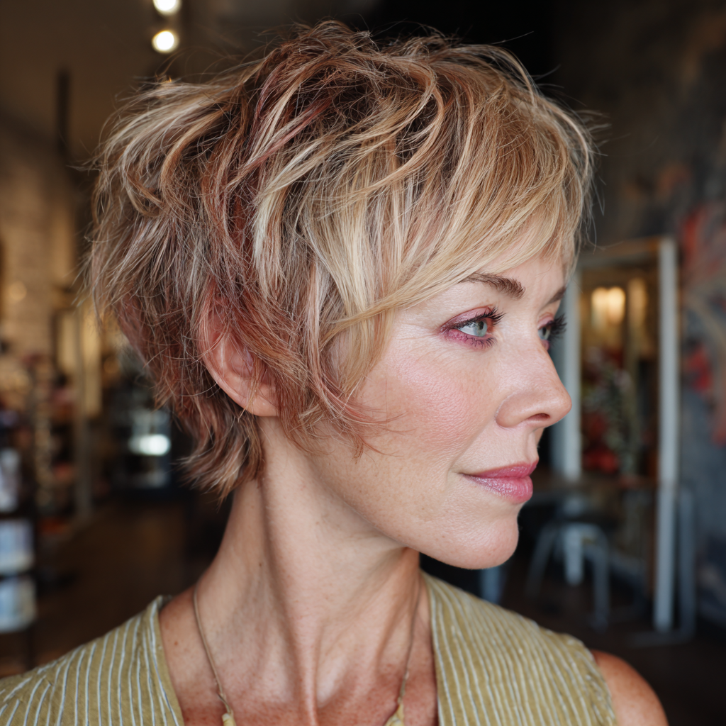 Textured Golden Pixie Cut with Subtle Rose Highlights