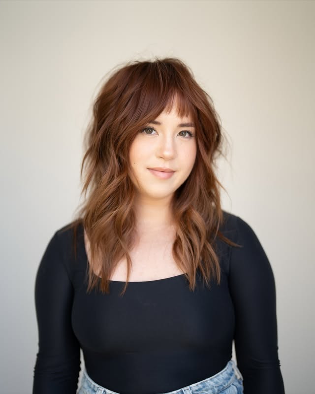 Textured Layered Cut with Soft Bangs and Rich Copper Tones