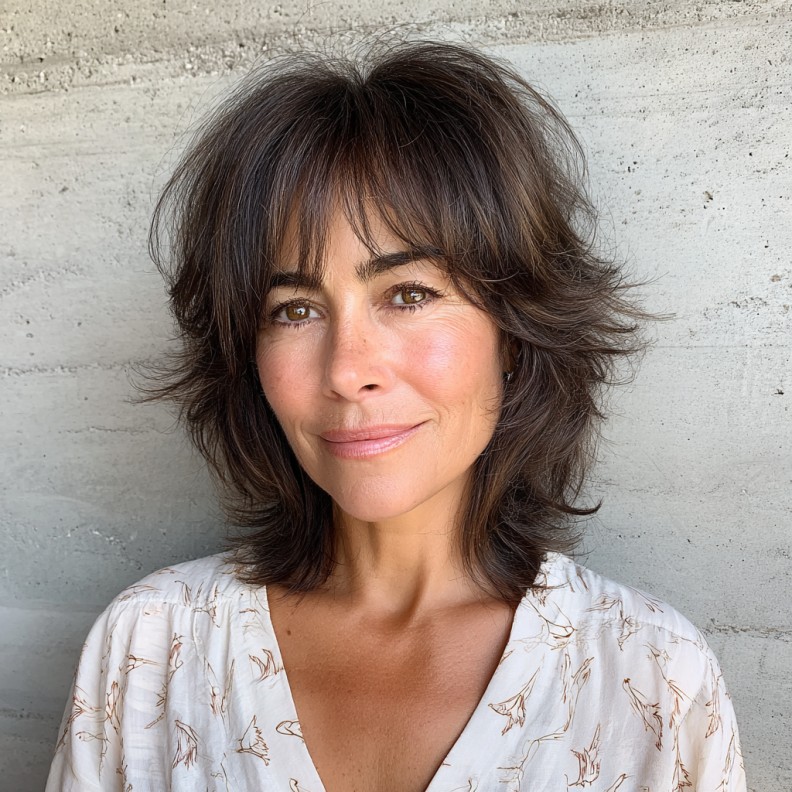 Textured Mid-Length Shag with Soft Bangs