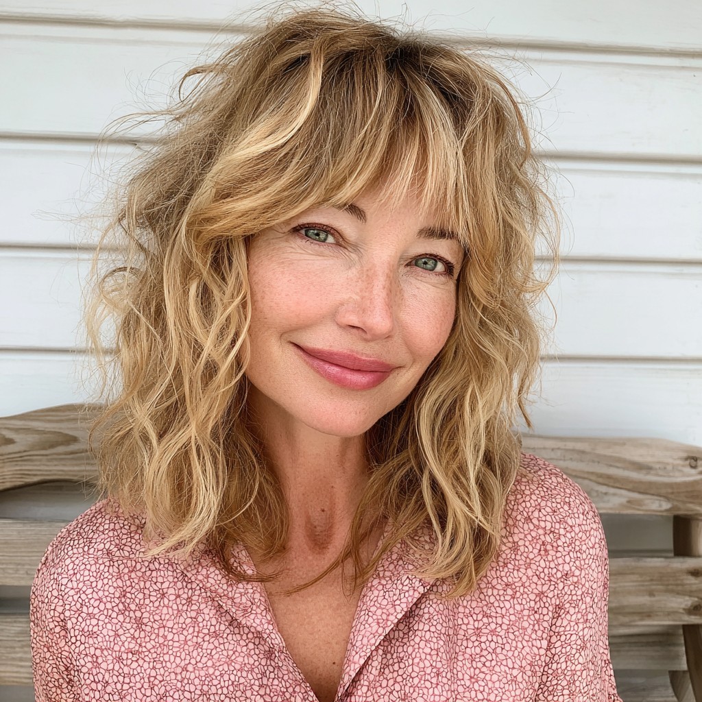 Textured Shoulder-Length Shag with Feminine Bangs