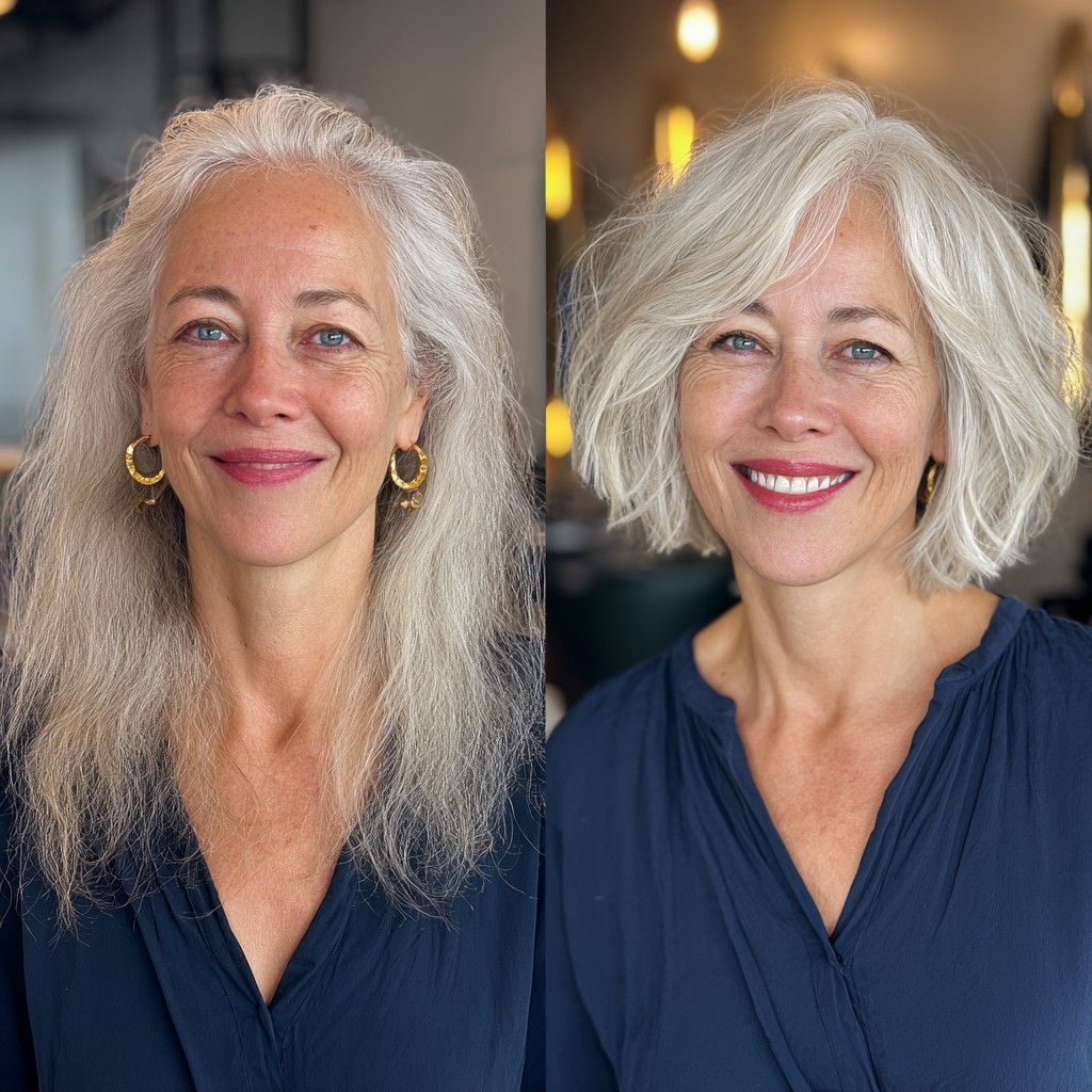 Textured Silver Tousled Lob with Soft Waves