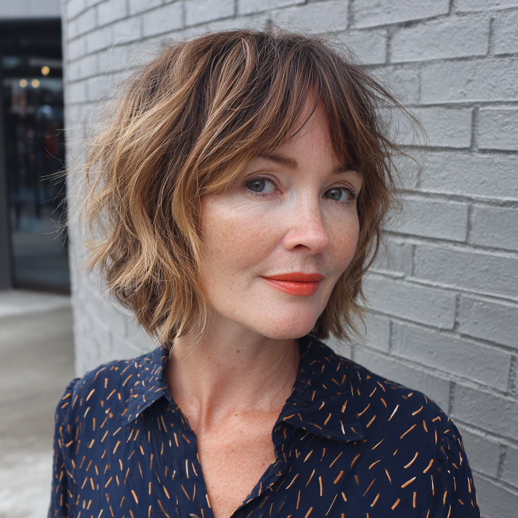 Textured Wavy Bob with Middle Part Bangs