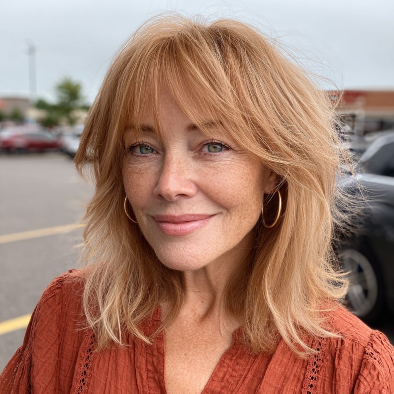 Warm Textured Shag with Playful Bangs